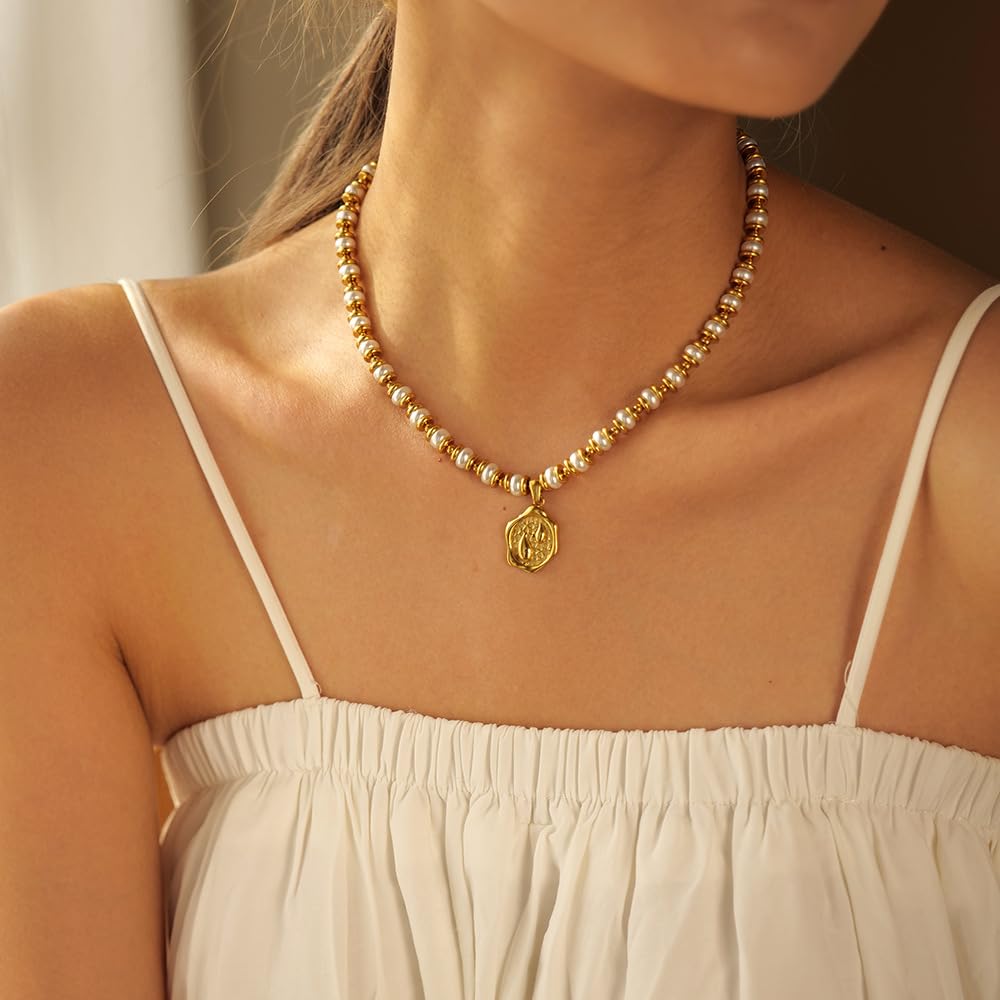 White Pearl Beaded Necklace Choker for Women 18K Gold Plated Stainless Steel Teardrop Coin Pendant Necklace Handmade Button Pearl Strand Vintage Jewelry 16’’