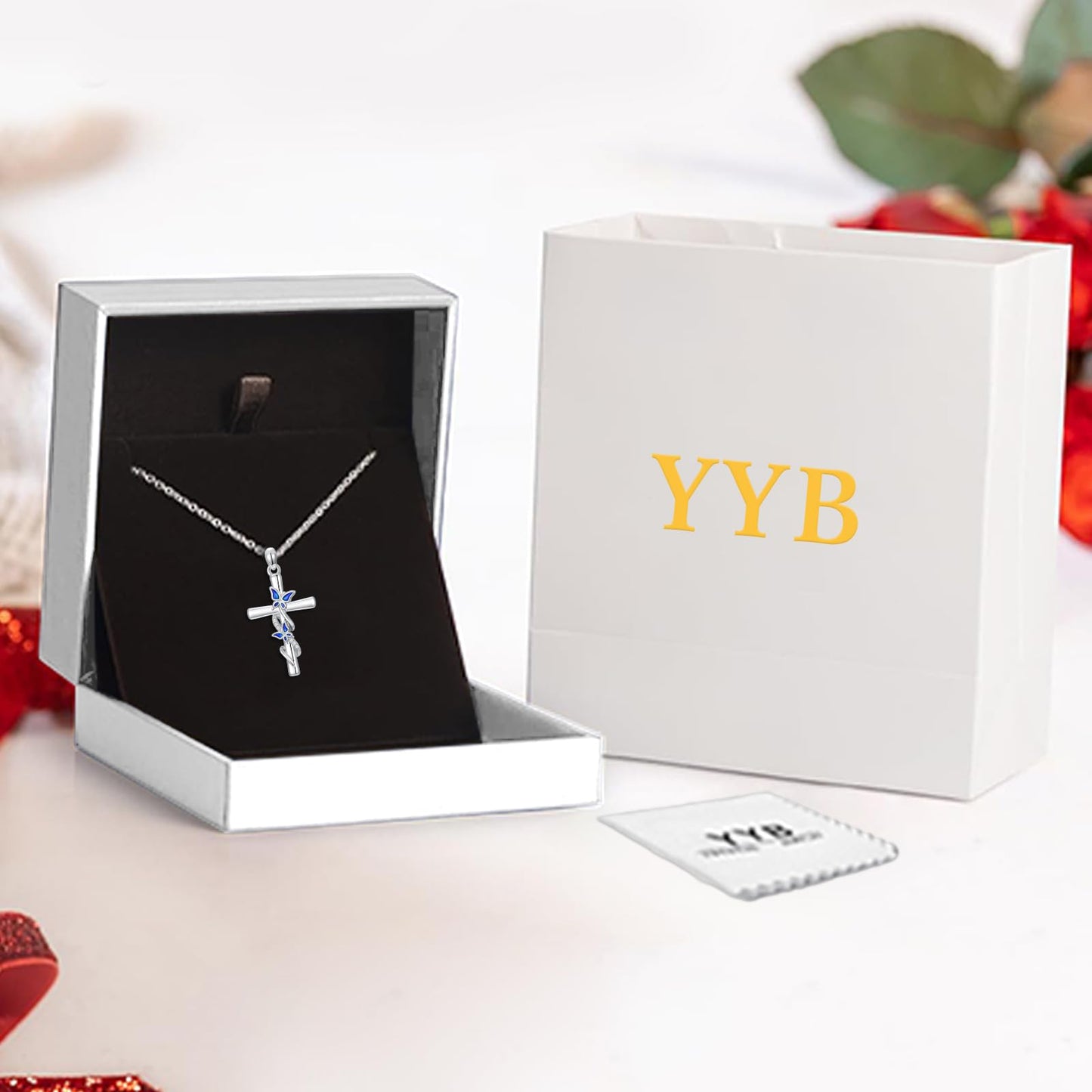 YYB Valentines Day Gifts for Women Cross Necklace 925 Sterling Silver Butterfly Necklace Pendant Butterfly Cross Pendant Gifts for Women