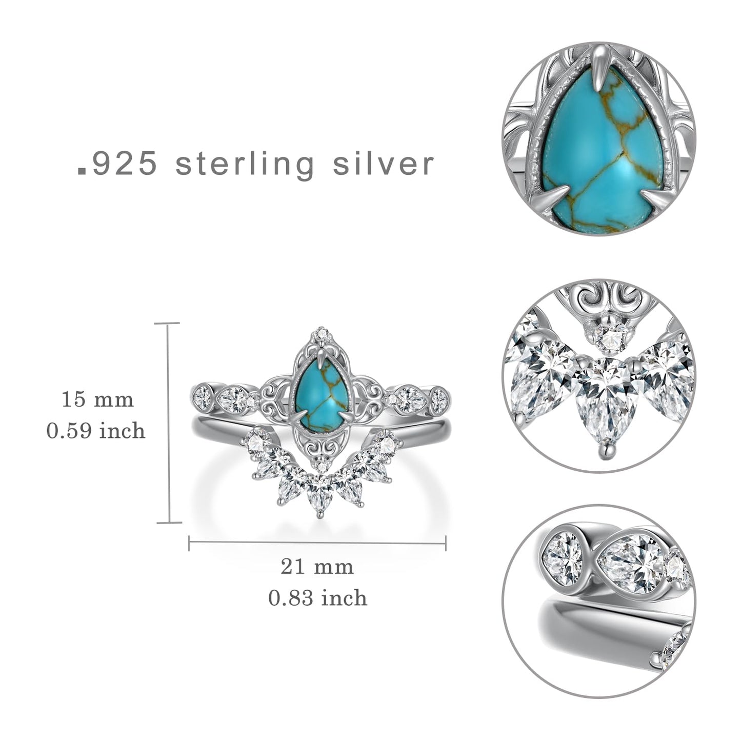 Genuine Turquoise Wedding Ring Set for Women 925 Sterling Silver Engagement Ring Sets Wedding Ring Set Real Turquoise Jewelry for Women (Size 7)