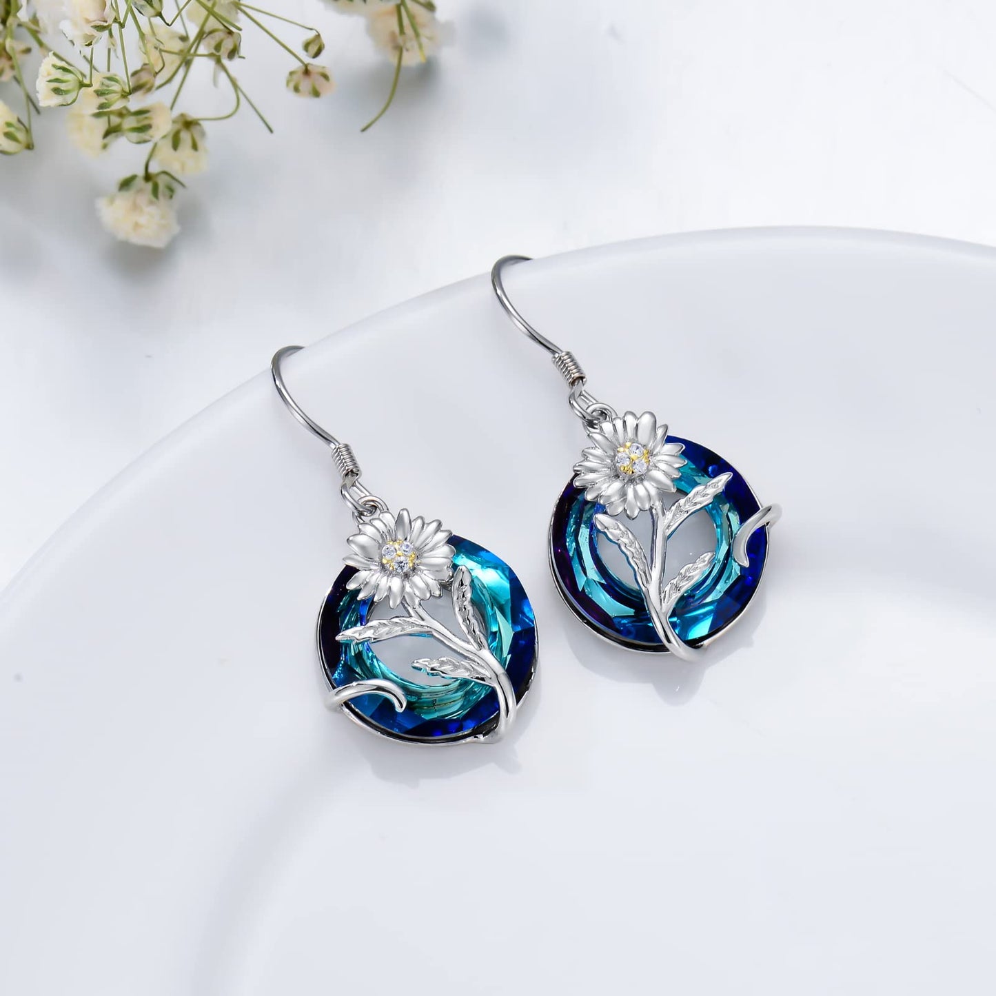 TOUPOP April Birth Flower Earrings Daisy Drop Dangle Earrings Blue Crystal Jewelry Birthday Mothers Day Gifts for Women Mom Her
