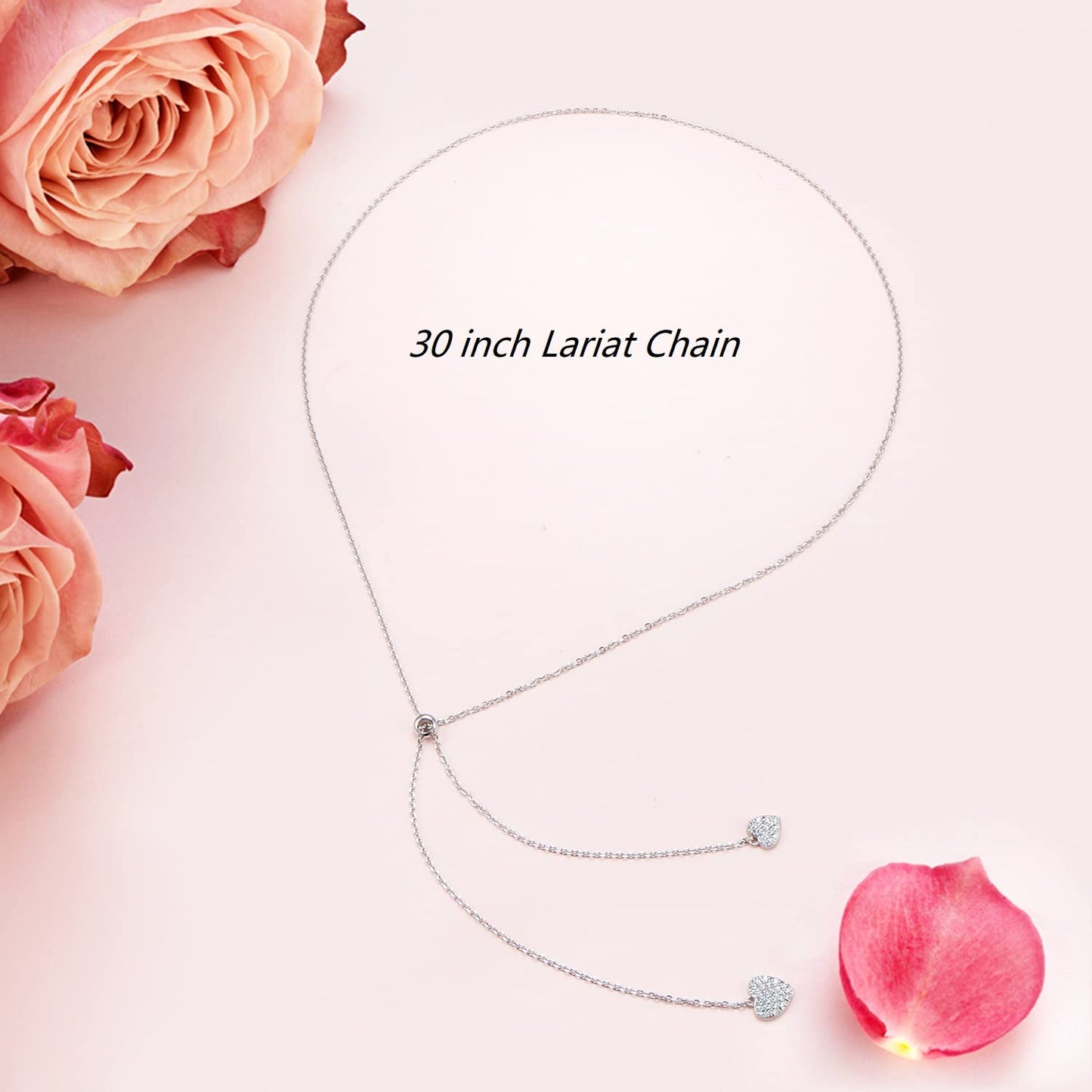 FLYOW 30 Inch Long Chain Dainty Lariat Necklace Simple Style 925 Sterling Silver Heart CZ Pendant Adjustable Y Shaped Necklace Jewelry Valentine's Day Jewelry