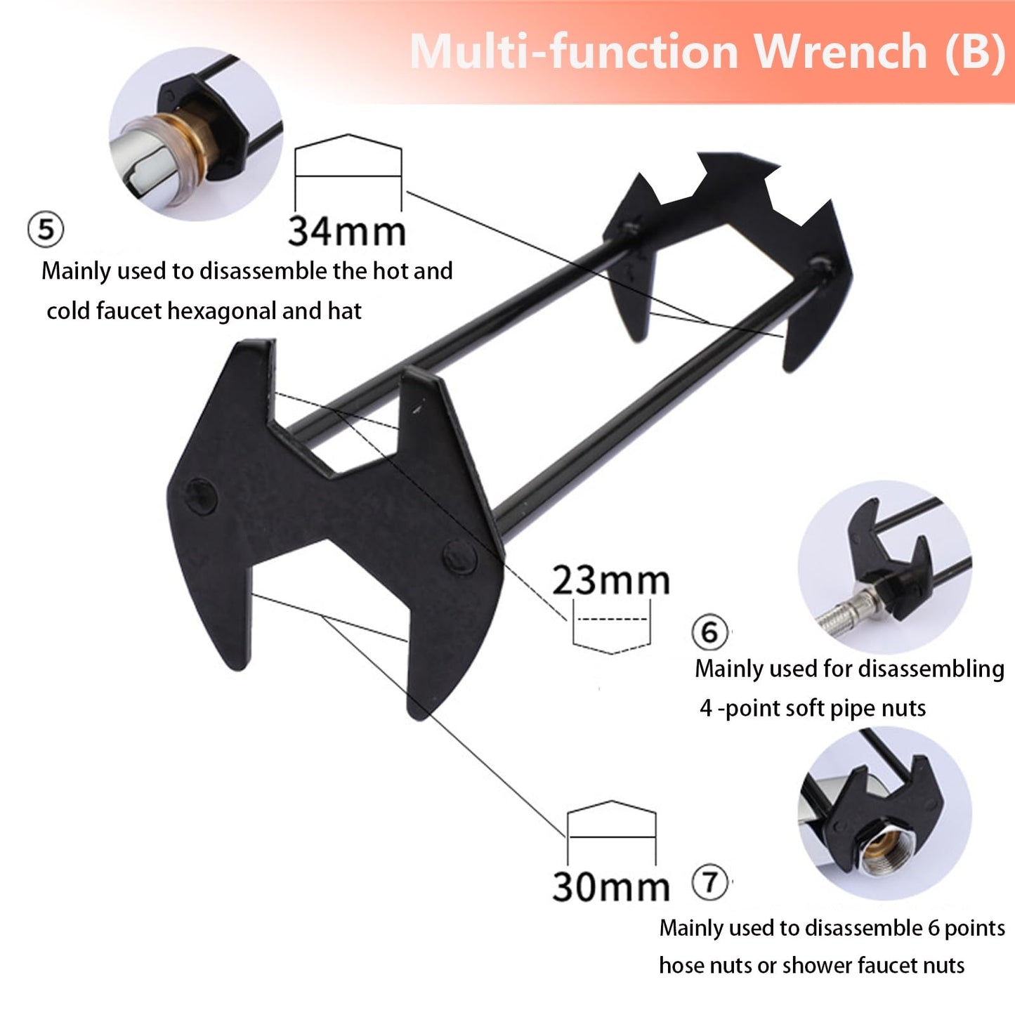 2 Pcs Four-jaw Hex Wrench, Basin Wrench Set,Tight Spaces Maintenance Installation Removal Faucet Tools, for Kitchen Bathroom Screws & Threads, Incompatible for Moen, Kohler, MasterFlow, Non-generic