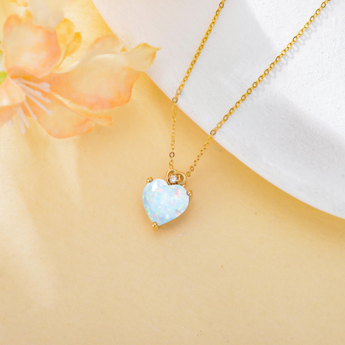 NFYBD 14k Gold Love Heart White Opal Birthstone Pendant Necklace for Women 3 Carat Heart-cut Created Gemstone Anniversary Birthday Mother's Day Necklaces for Her 16+1+1 inch-Opal