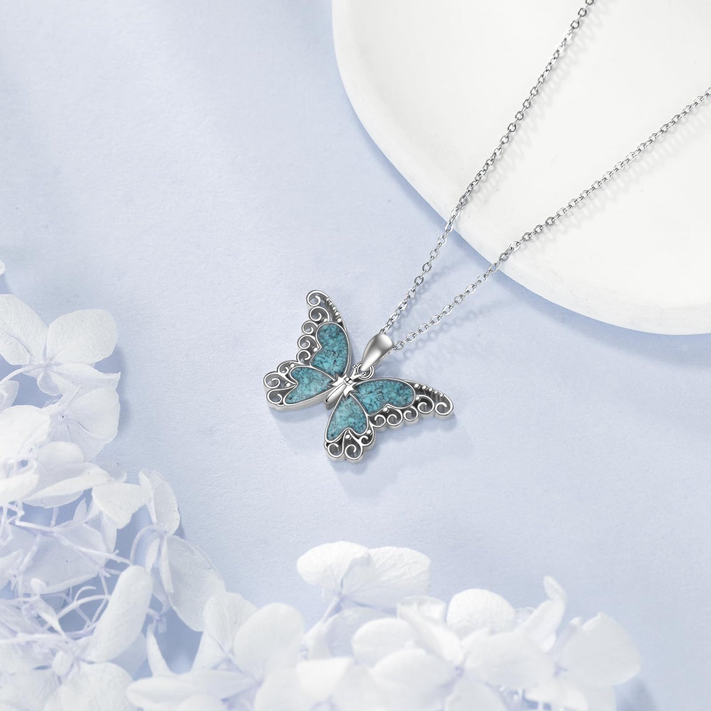HKPATOP Butterfly Necklace 925 Sterling Silver Turquoise Necklace Butterfly Jewelry for Women