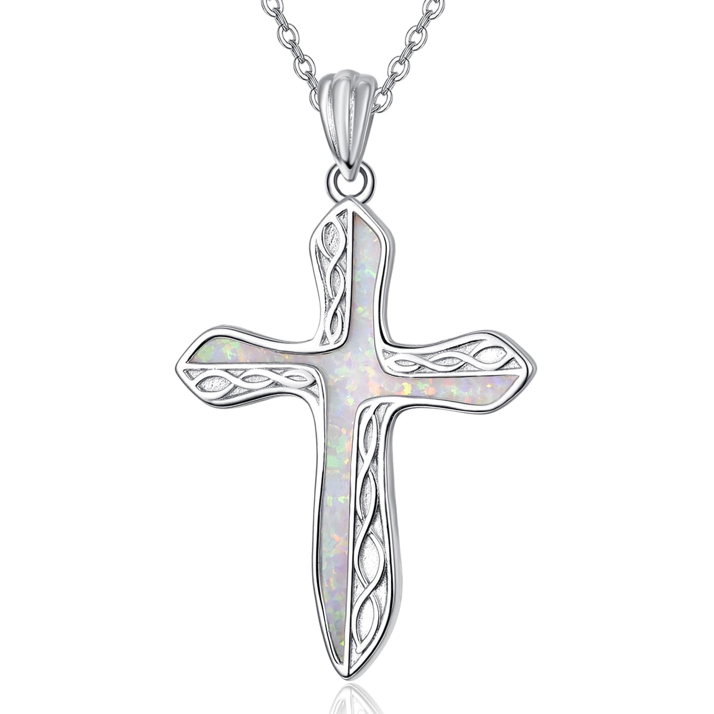 Dreamboat Sterling Silver Cross Necklace for Womens Cross Pendant Faith Christian Jewelry White Opal Celtic Necklace Confirmation Religious Gifts for Mom