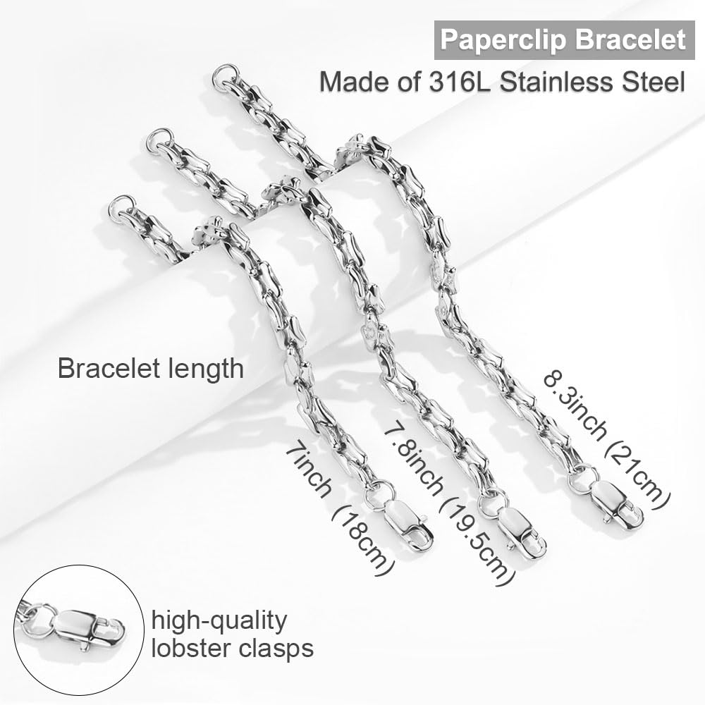 AIAINAGI Silver Link Chain Bracelets for Women Men 7mm Stainless Steel Paperclip Bracelets Rectangle Solid Chunky Chain 7/7.8/8.3Inches Unisex Wrist Jewelry Gift for Mother（8.3inch）