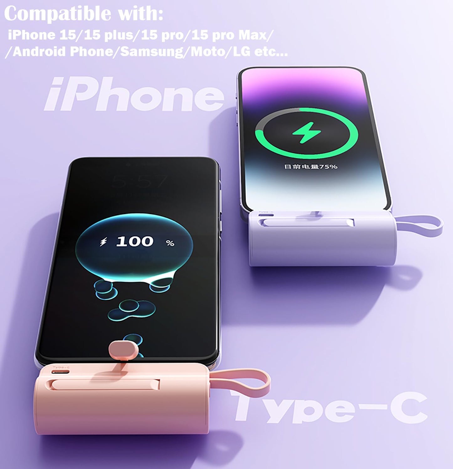 CooLuzer Mini Power Bank,Capsule Power Phone Charger 5500mAh,Portable Charger with Dual USB-C Ports for iPhone 17/16/15/15 plus/15 pro/15 pro Max/Android Phone/Samsung/Moto/LG etc (White)