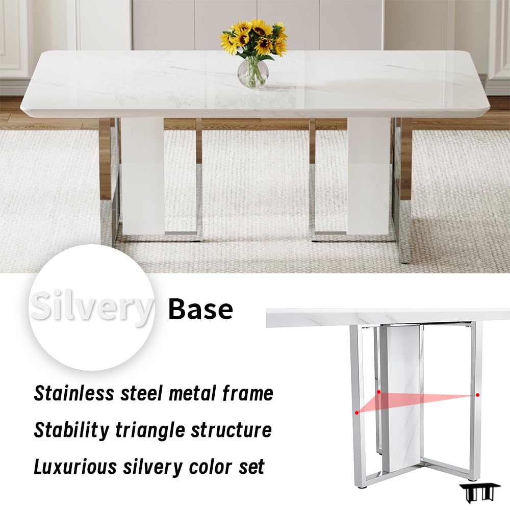 MEMUY 79" Modern Dining Table Set for 8,White Dining Room Table with 8 Light Grey PU Chairs, Modern Rectangular Kitchen Table and Chairs Set of 8 with Silver Base
