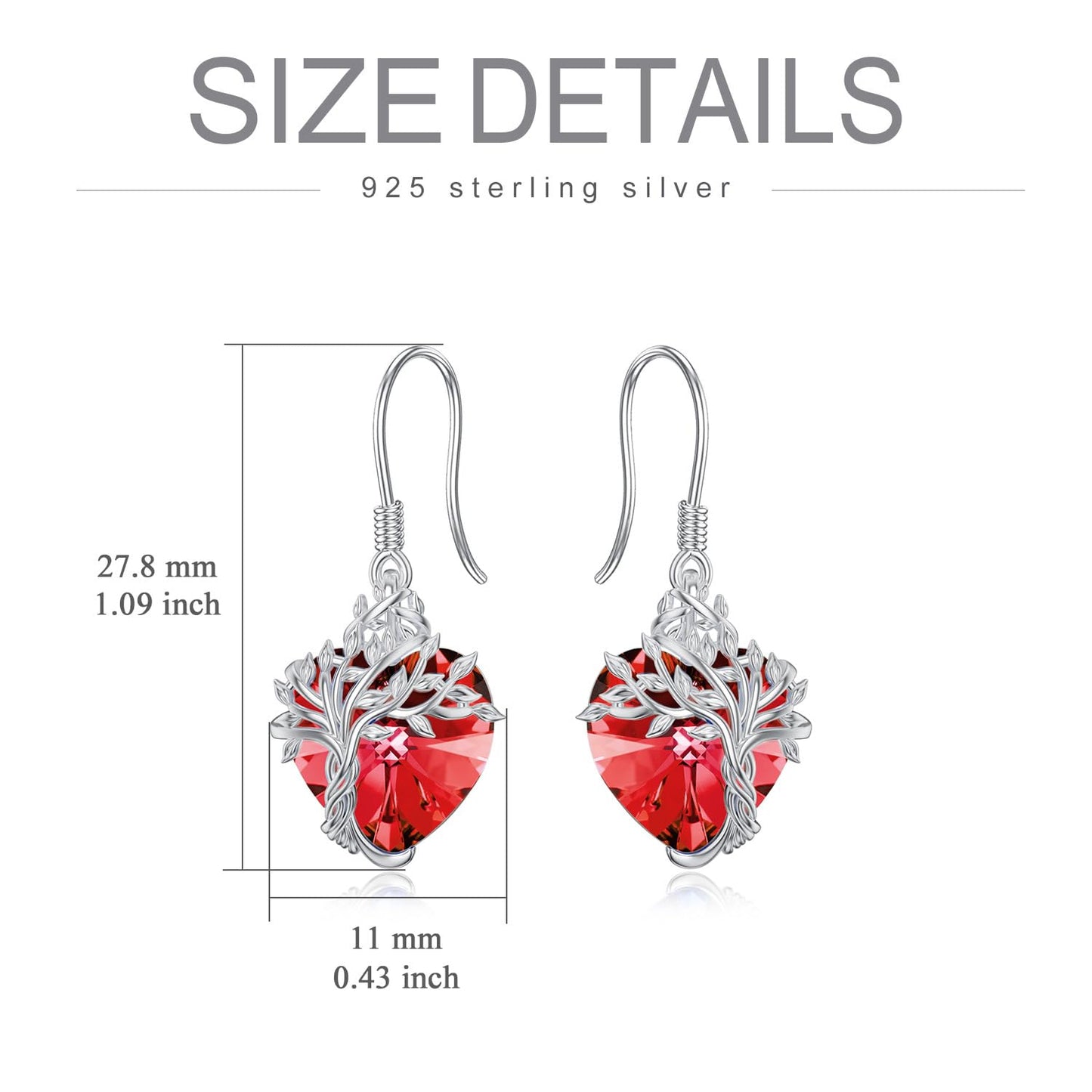 TOUPOP Heart Ruby Earrings Sterling Silver Tree of Life Earrings July Birthstone Jewelry Birthday Mothers Day Gifts for Women Mom Her