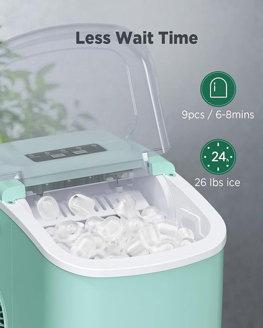 Silonn Countertop Ice Maker, 9 Cubes Ready in 6 Mins, 26lbs in 24Hrs, Self-Cleaning Ice Machine with Ice Scoop and Basket, 2 Sizes of Bullet Ice for Home Kitchen Office Bar Party, Green