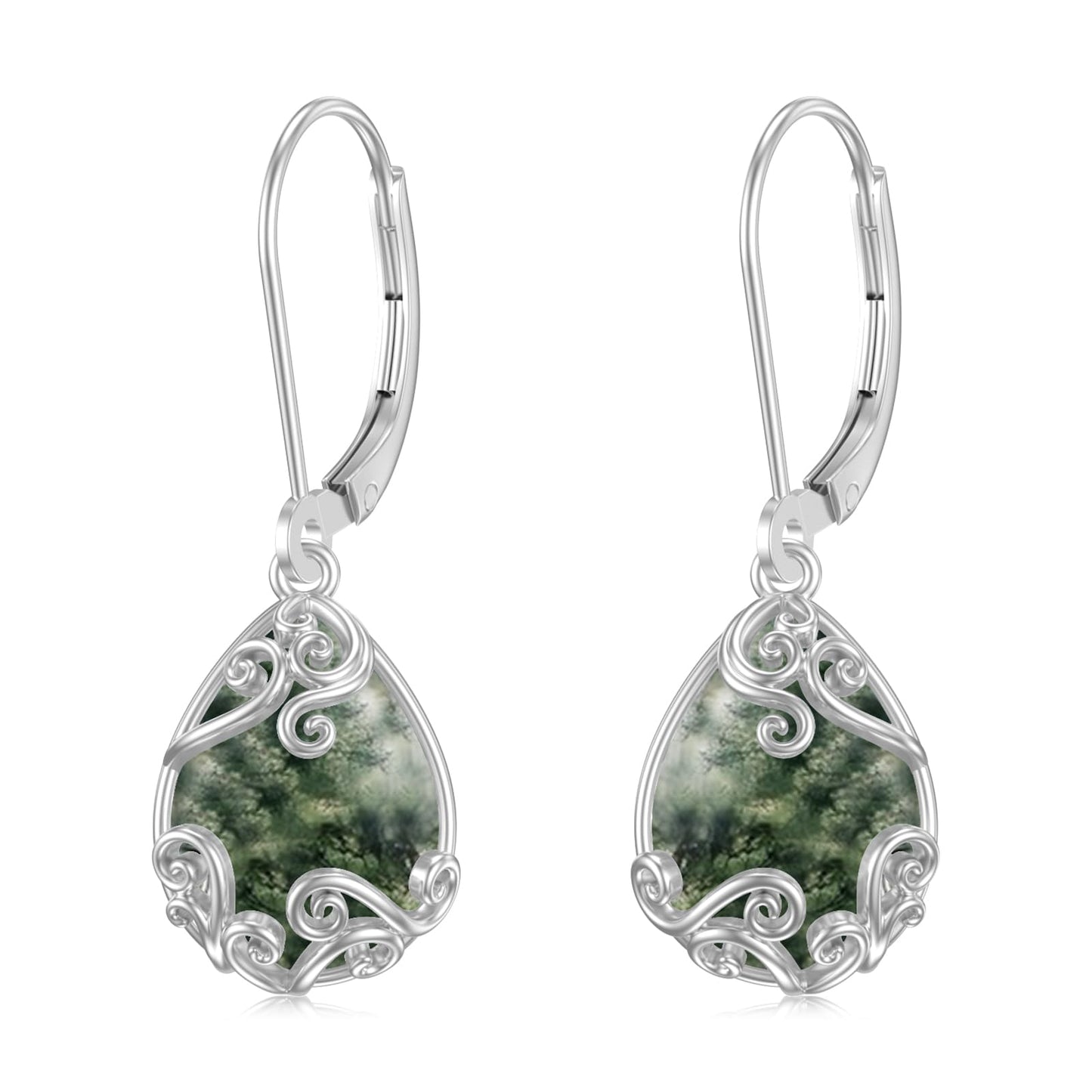 KoyeKei Moss Agate Filigree Leverback Earrings for Women 925 Sterling Silver Moss Agate Teardrop Dangle Drop Earrings Jewelry Filigree Gradution Gifts for Daugther Sister Girlfriend