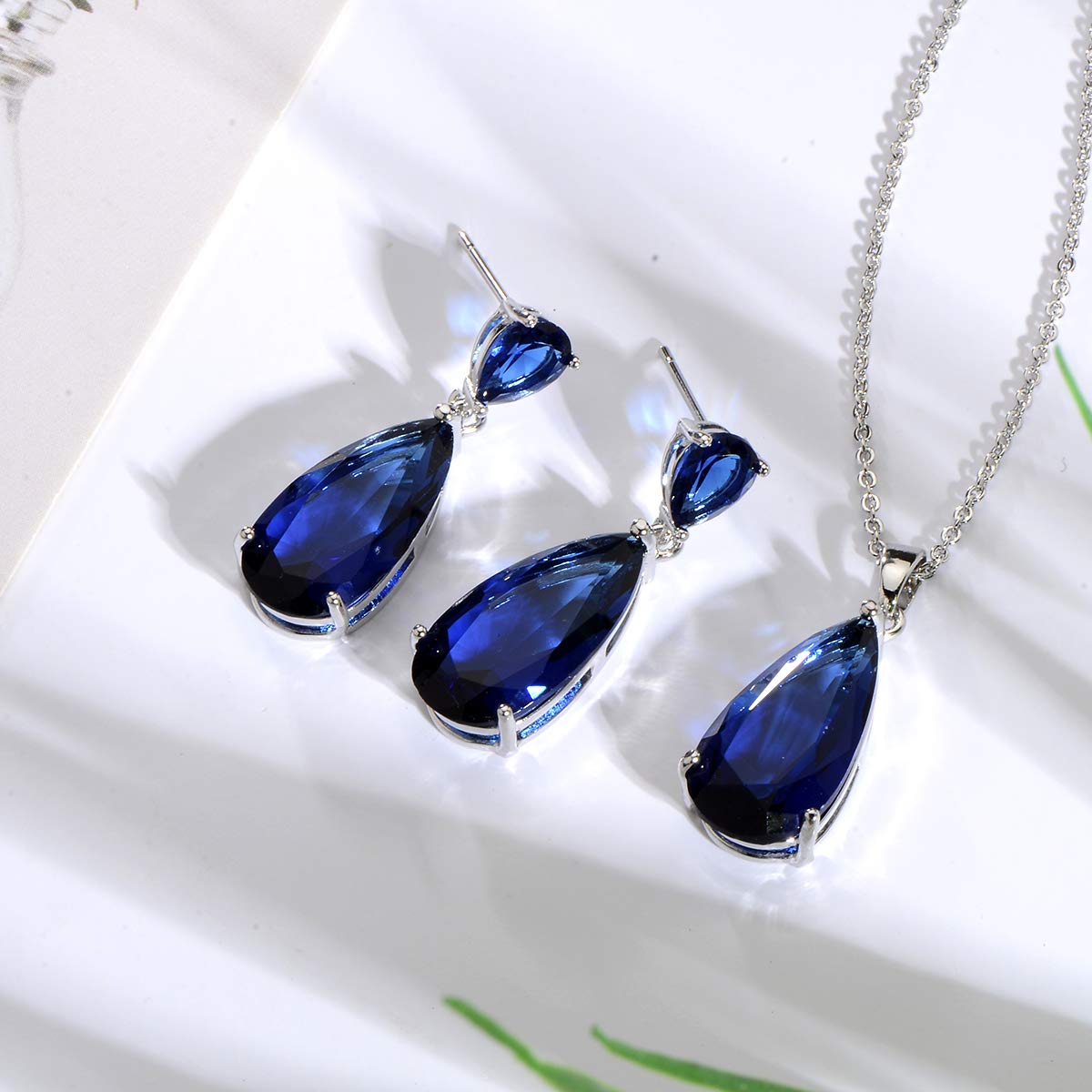 Mycitta Blue Sapphire Jewelry Set for Women - Sterling Silver Teardrop Cubic Zirconia Crystal CZ Necklace Earrings Set for Bride Bridesmaids Prom Party Formal Jewelry Set