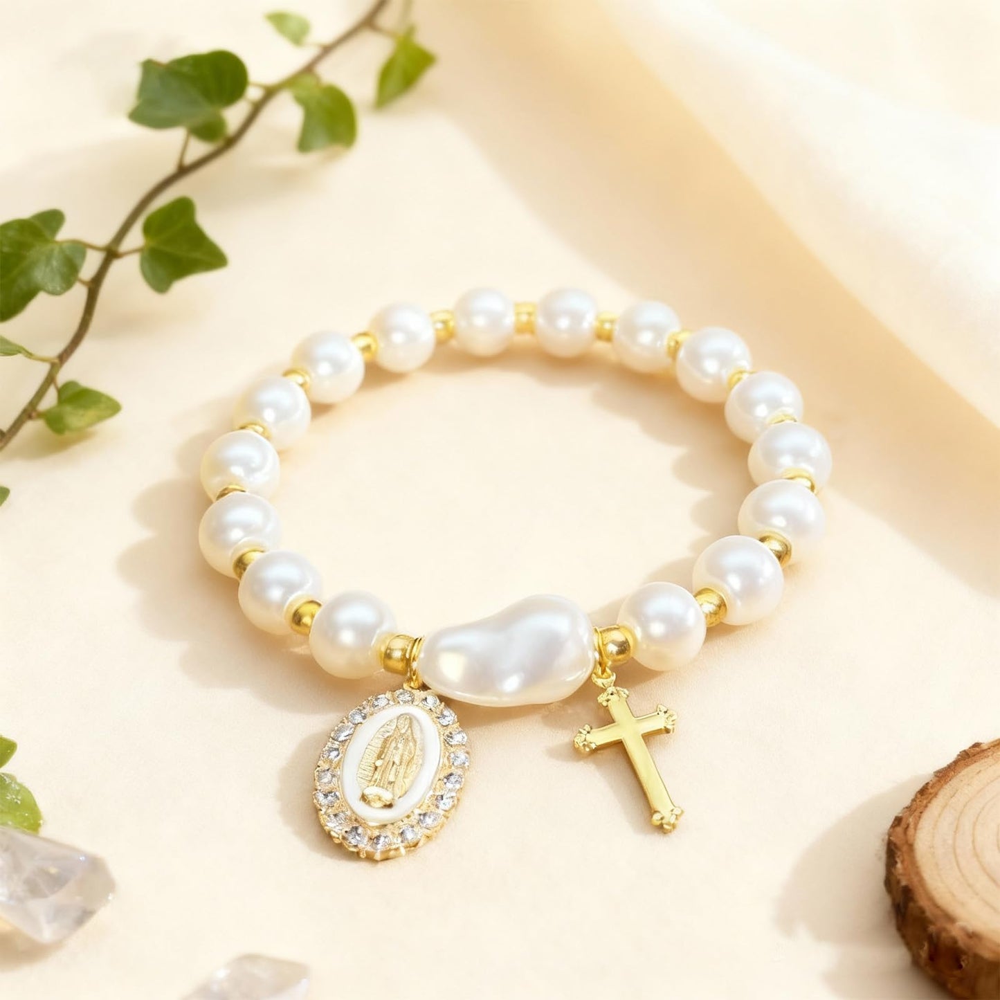 Virgin Mary Cross Bracelet,Blue Ceramic Pearl Rosary Bracelets with Miraculous Medal and Cross Charm,Religious Catholic Christian Faith Jewelry Gift Birthday Mothers Day Gifts for Women (white)