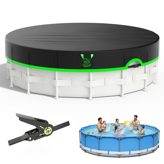 Agricasst 14ft Round Pool Cover, 420D Heavy Duty Above Ground Pool Cover with Sturdy Strap Ratchet Tensioner & Reflective Handles, Enhance Windproof, Side Seamless Tear Resistant, Weather Protection