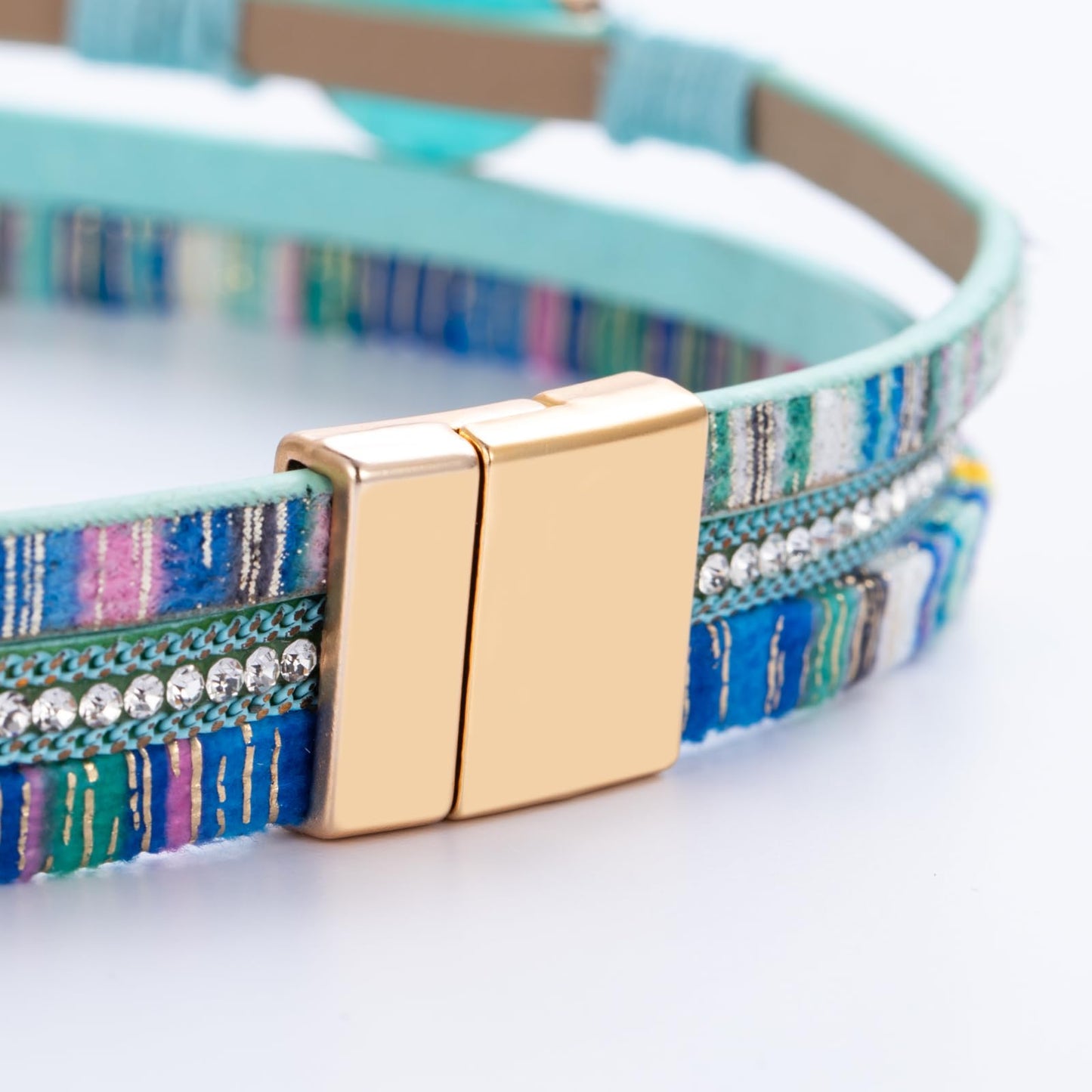 FANCY SHINY Boho Leather Wrap Bracelet Stackable Chunky Crystal Cuff Bracelets with Magnetic Clasp Cowboy Cowgirl Western Summer Beach Outfits Jewelry Gifts for Women (14.7", Boho Blue)