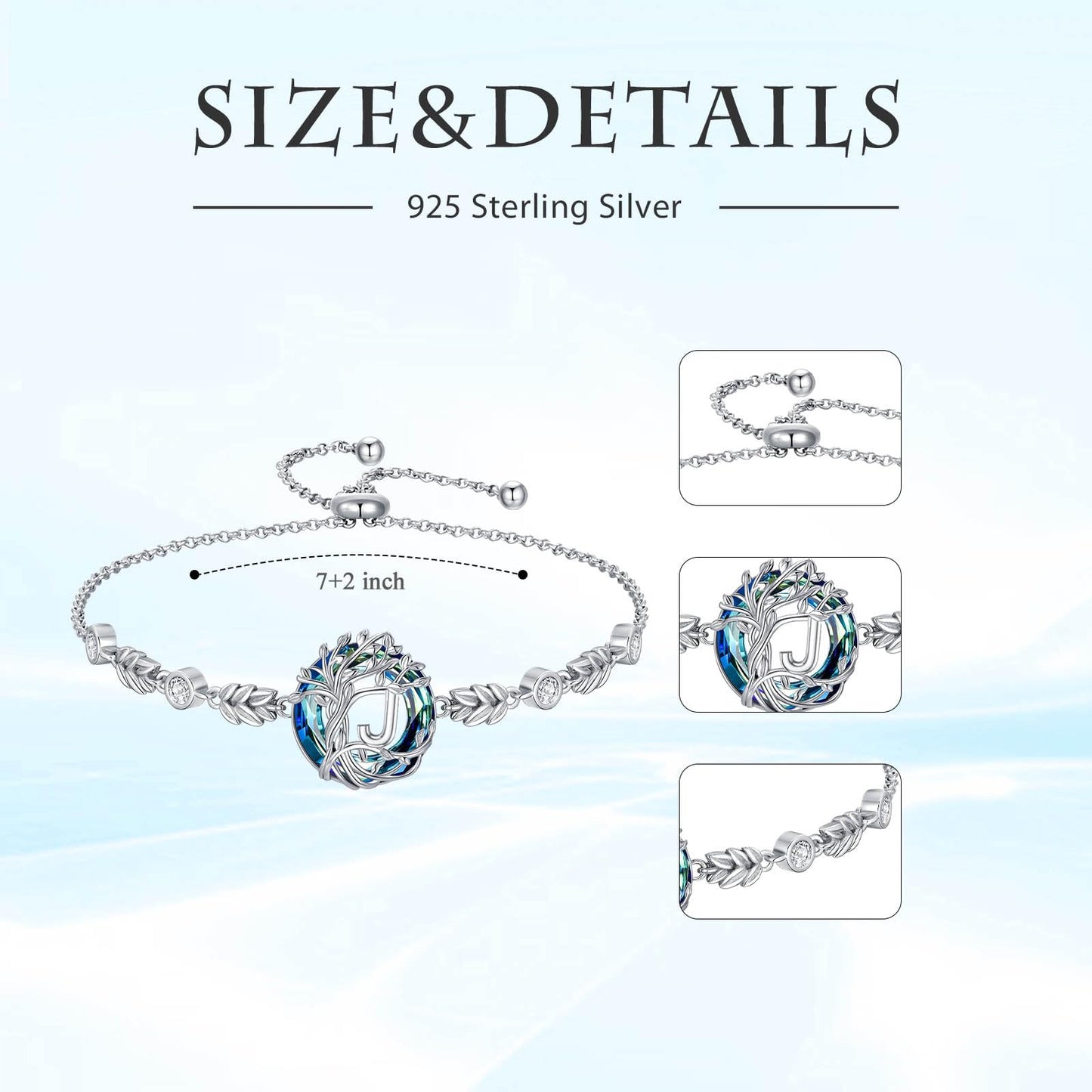TOUPOP Tree of Life Initial Bracelet Sterling Silver Initials J Letter Link Bracelets Blue Circle Crystal Family Tree Birthday Mothers Day Jewelry Gifts for Women Mom Wife