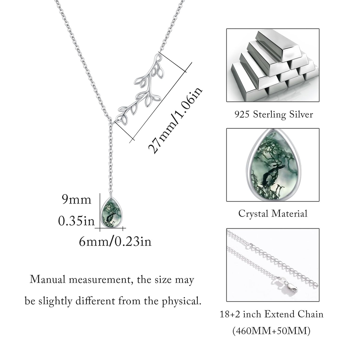Silikepa Leaf Necklace for Women 925 Sterling Silver Leaf Pendant Necklace Y Chain with Moss Agate Jewelry Gifts for Women