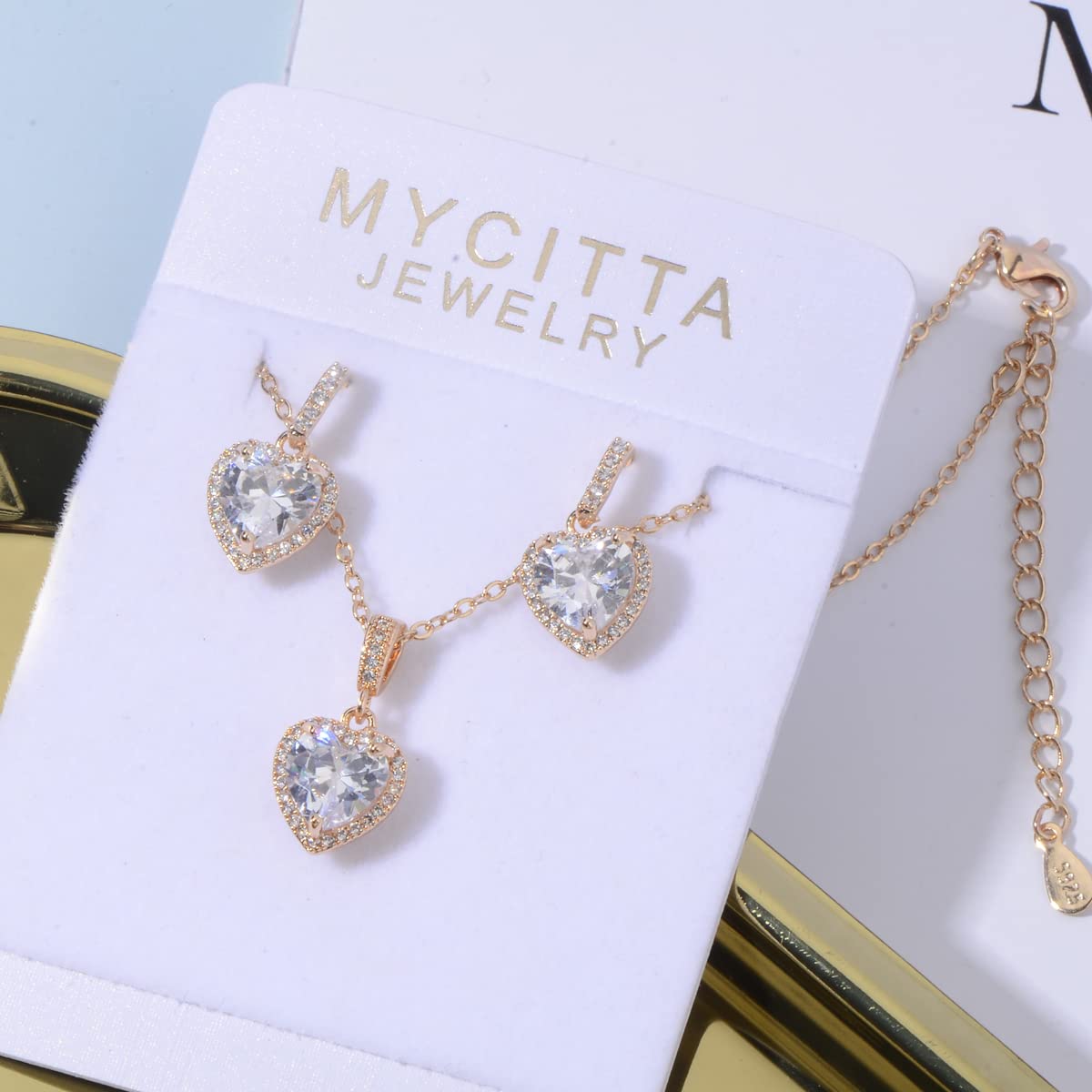 Mycitta Bridal Jewelry Set for Women - 925 Sterling Silver Dainty Small Love Heart Shape CZ Crystal Cubic Zirconia Rhinestone Necklace Earrings Set for Wedding Party Prom Gold Tone