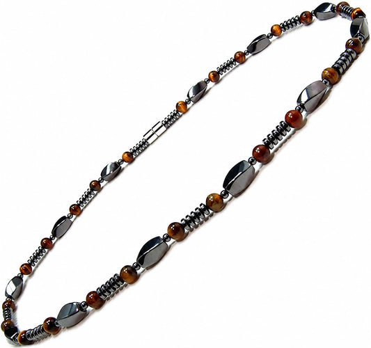 Accents Kingdom Men's Tiger Eye & Hematite Necklace - Natural Stone Beaded Necklace with Magnetic Clasp, Modern Masculine Jewelry for Casual, Business & Golf Wear, 24"