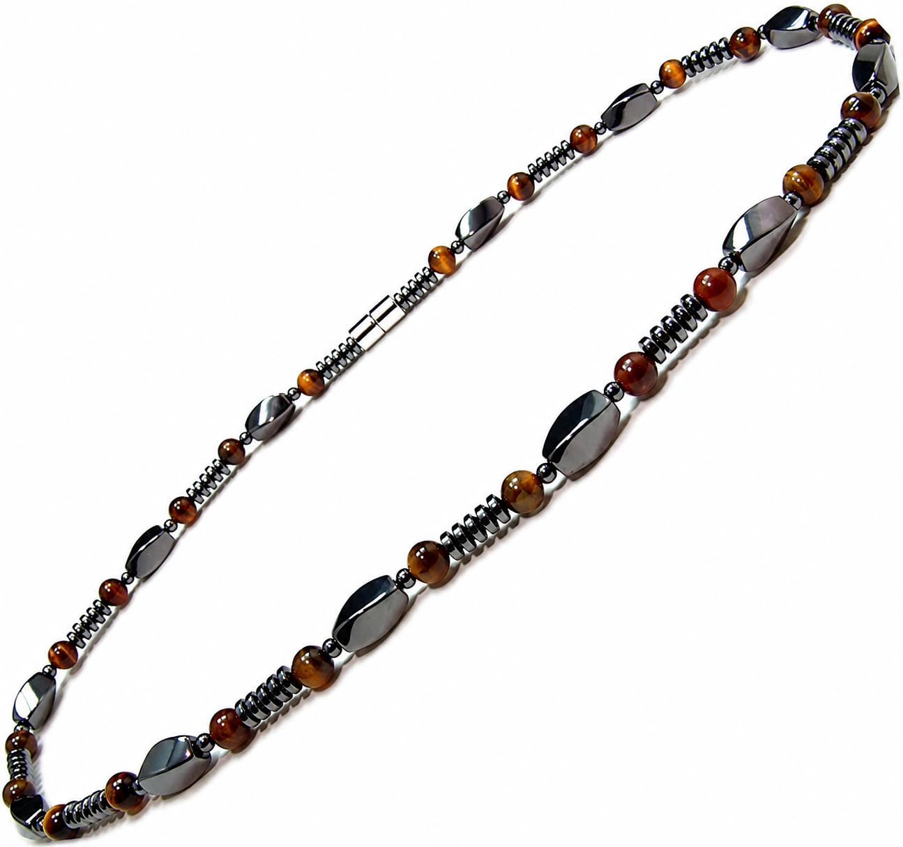 Accents Kingdom Men's Tiger Eye & Hematite Necklace - Natural Stone Beaded Necklace with Magnetic Clasp, Modern Masculine Jewelry for Casual, Business & Golf Wear, 20"
