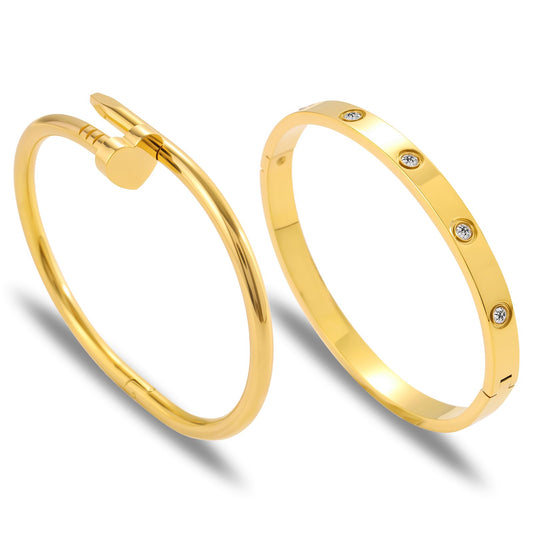 Acnode Gold Bangle Bracelets for Women -2PCS Friendship & Love Bangle Bracelet Clover Nail Bracelet Stack Set Trendy Non-Tarnish Stainless Steel Jewelry Gifts for Mom Wife Her