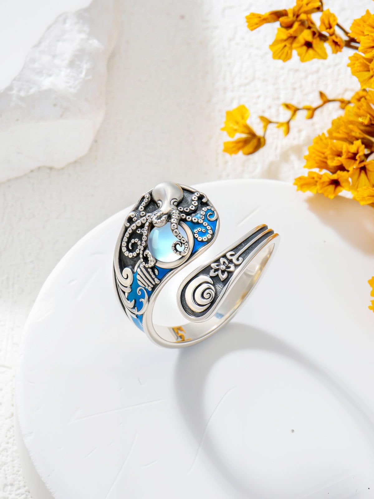 Midari Spoon Rings for Women 925 Sterling Silver Blue Octopus Adjustable Vintage Finger Thumb Rings Ocean Octopus Jewelry for Women Birthday Christmas Gift