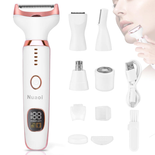 Electric Shaver Razors for Women - 5 in 1 Bikini Trimmer for Women Body Hair Trimmer Facial Hair Removal Cordless Rechargeable Body Shaver for Face Chin Arms Underarm Legs Arms Eyebrow (Pink)