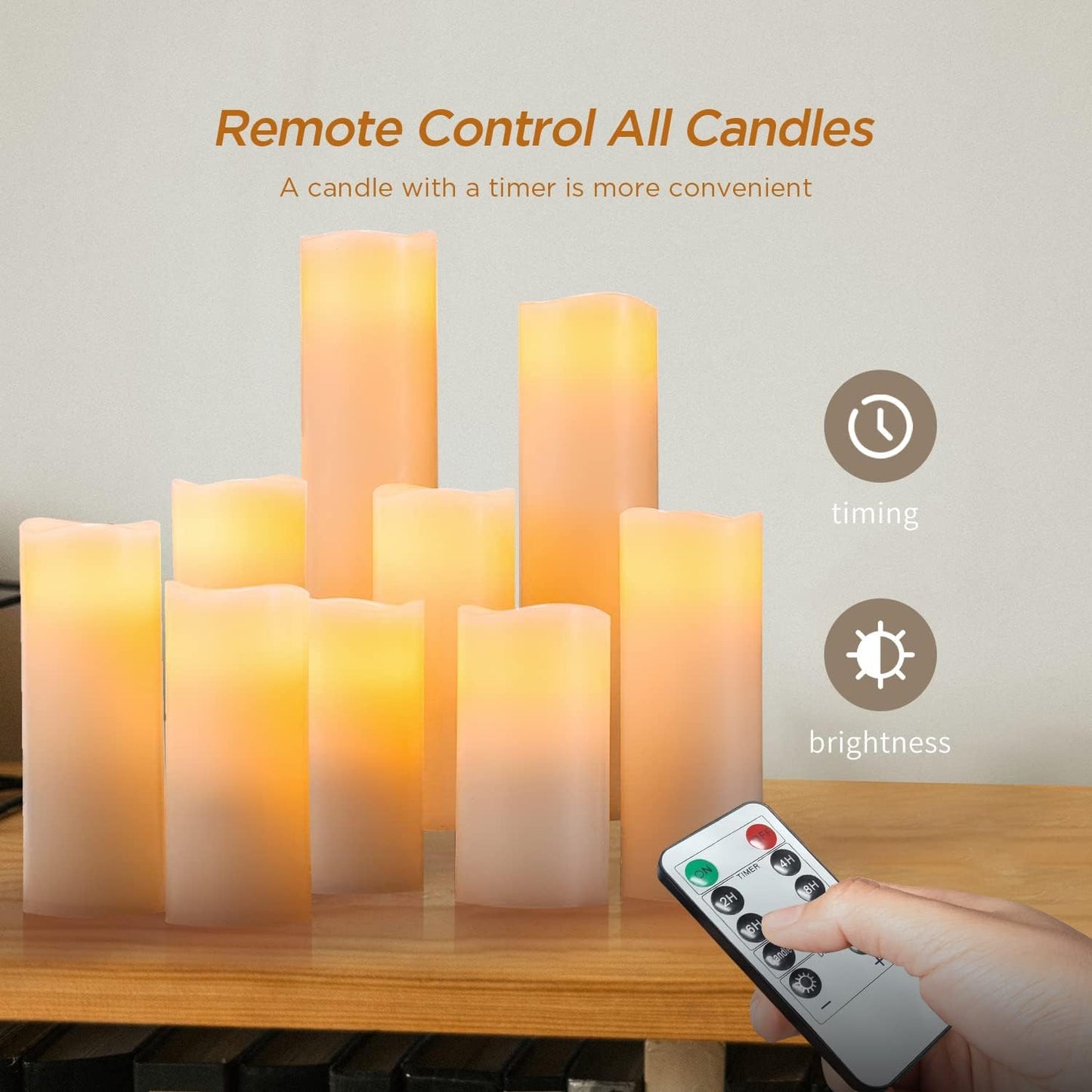 Hausware Flameless Candles Battery Operated Candles H 4" 5"" 6"" 7"" 8"" 9"" Real Wax Pillar Flickering Candles LED Flameless Candles with Remote and Timer Control Set of 9 (Ivory Color)"