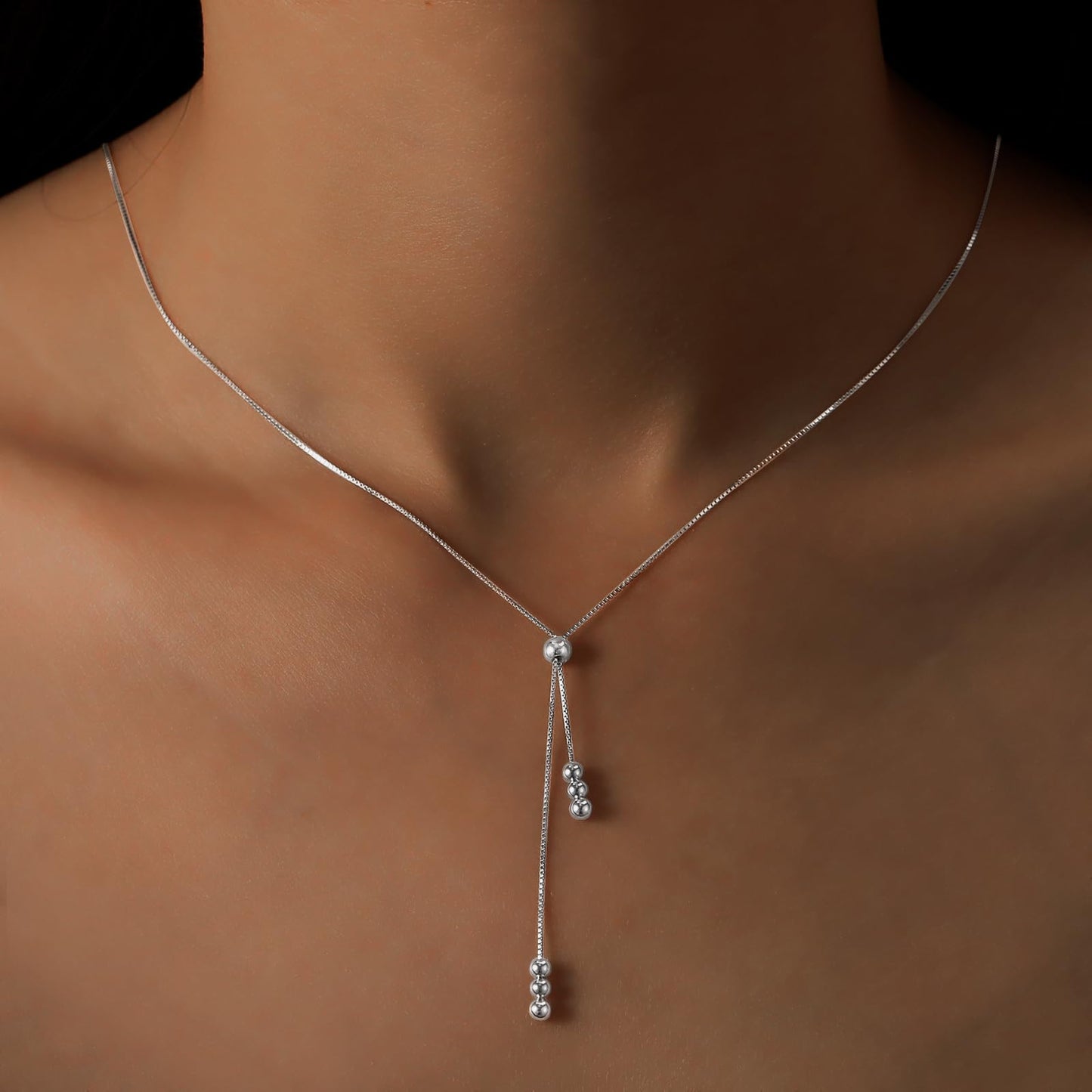 UTISUVIKO Lariat Gold Necklace for Women S925 Sterling Silver Dainty Layered Bead Necklaces Adjustable Y-Shaped Tassel Round Beaded Pendant Long Chain Necklace for Wedding Mother's Day Jewelry(Silver)