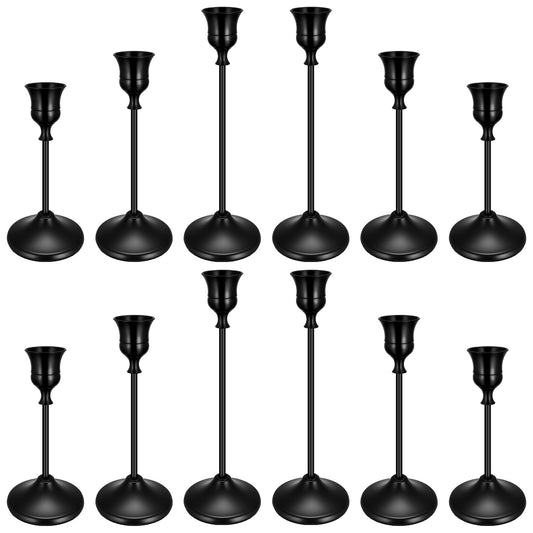 12PCS Brass Black Taper Candle Holders Set, Vintage Metal Candlestick Holders for Table Centerpiece, Wedding Reception, Festive Christmas Mantel Decoration