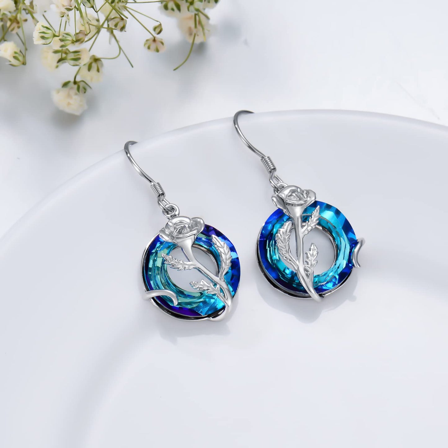 TOUPOP August Birth Flower Earrings Poppy Drop Dangle Earrings Blue Crystal Jewelry Birthday Mothers Day Gifts for Women Mom Her