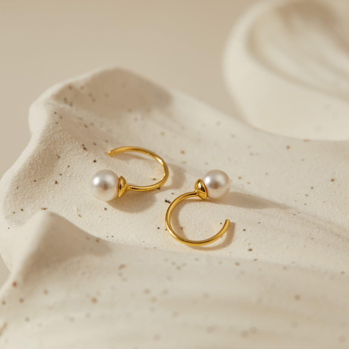 CHIC & ARTSY Backless Earrings for Women 18K Yellow Gold Plated 925 Sterling Silver Half Huggie Hoop Earrings White Simulated Shell Pearl No Back Earrings Stay Close Hoop Earrings