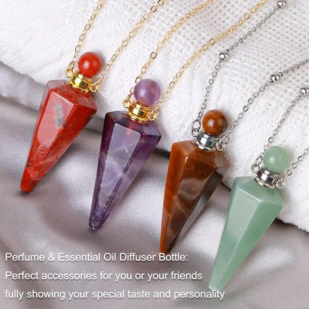 925 Sterling Silver Essential Oil Necklace For Women And Men, Natural Crystal Stone Cone Shape Pendant Necklace Healing Perfume Bottle Necklace Essential Oil Pendant Necklace (7 - Essential Oil Necklace)