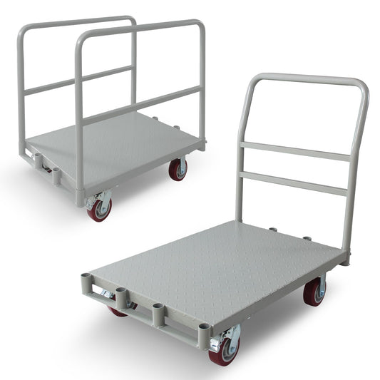 2-in-1 Heavy Duty Platform Truck Push Cart Dolly, Industrial Foldable Large Flatbed Cart with Wheels, 2 Side Handrails for Groceries, Garage, Warehouse Loading and Storage