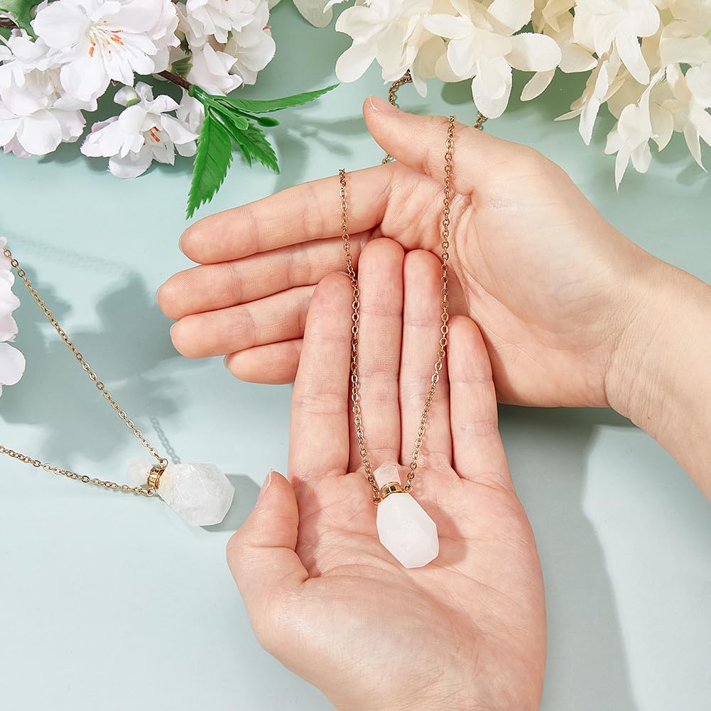 SUPERFINDINGS 2Pcs Perfume Bottle Necklace Essential Oil Diffuser Necklace White Natural Quartz Crystal Perfume Bottle Pendant with 304 Stainless Steel Chain Gemstone Vial Pendant for Woman Men