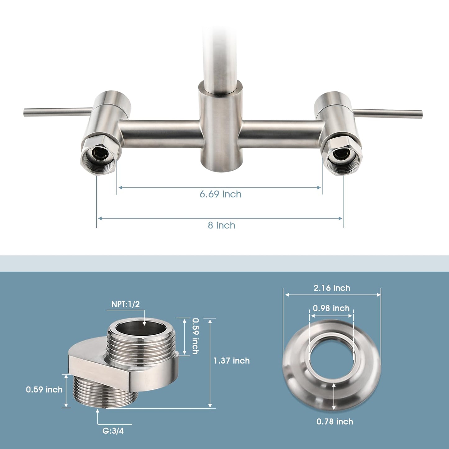 DEMIINUS Wall Mount Kitchen Faucet with Pull Down Sprayer, 8 Inch Center Kitchen Sink Faucet, Heavy-Duty Commercial Wall Mount Faucets, 2 Handle Faucet for Kitchen Sink, Brushed Nickel