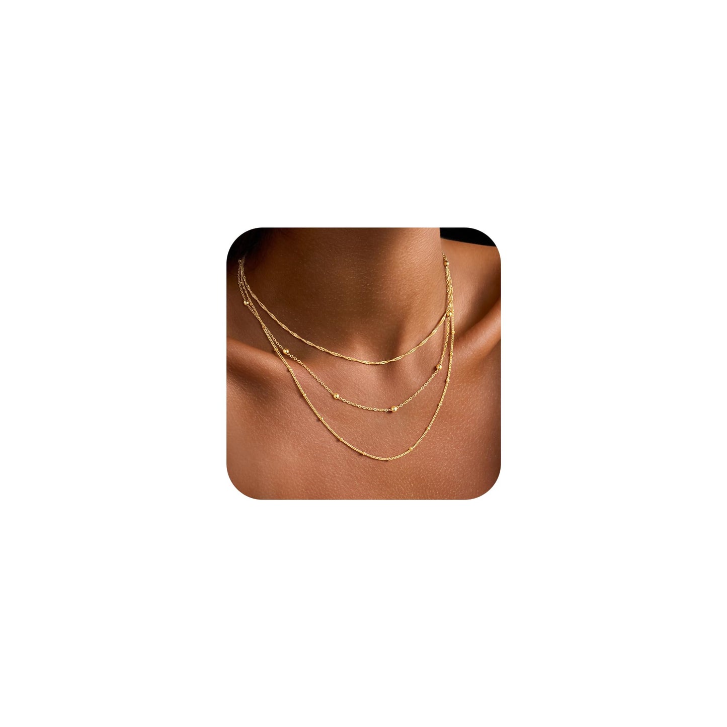 Yoosteel Layered 14k Gold Plated Necklace for Women,Dainty Ball Link Simple Thin Satellite Chain Wave Choker Necklaces Set Stack Trendy Jewelry Gifts for Women