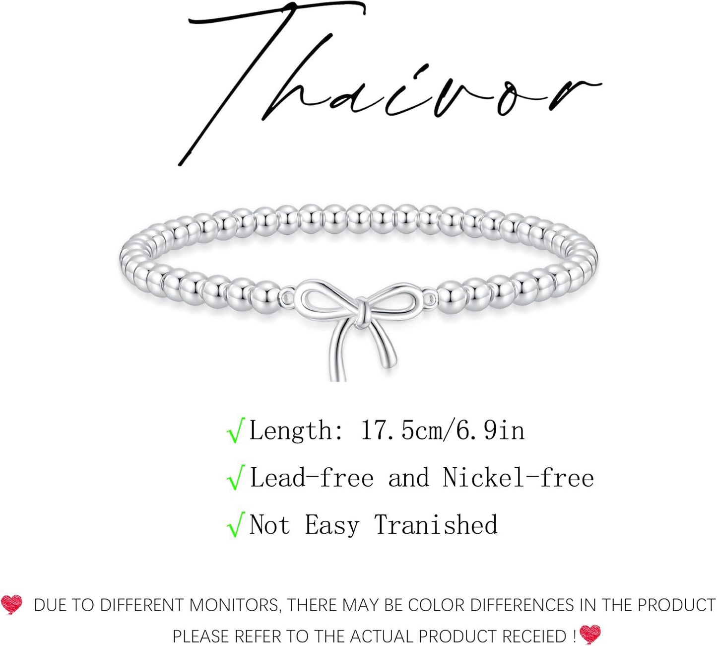 Beaded Bracelets for Women 14K Silver Gold Plated Stretch Handmade Ball Bracelets Cute Charm Bracelet Dainty Stackable Cross Heart Bow Wave CZ Circle Trendy Jewelry Easter Gifts (bow)