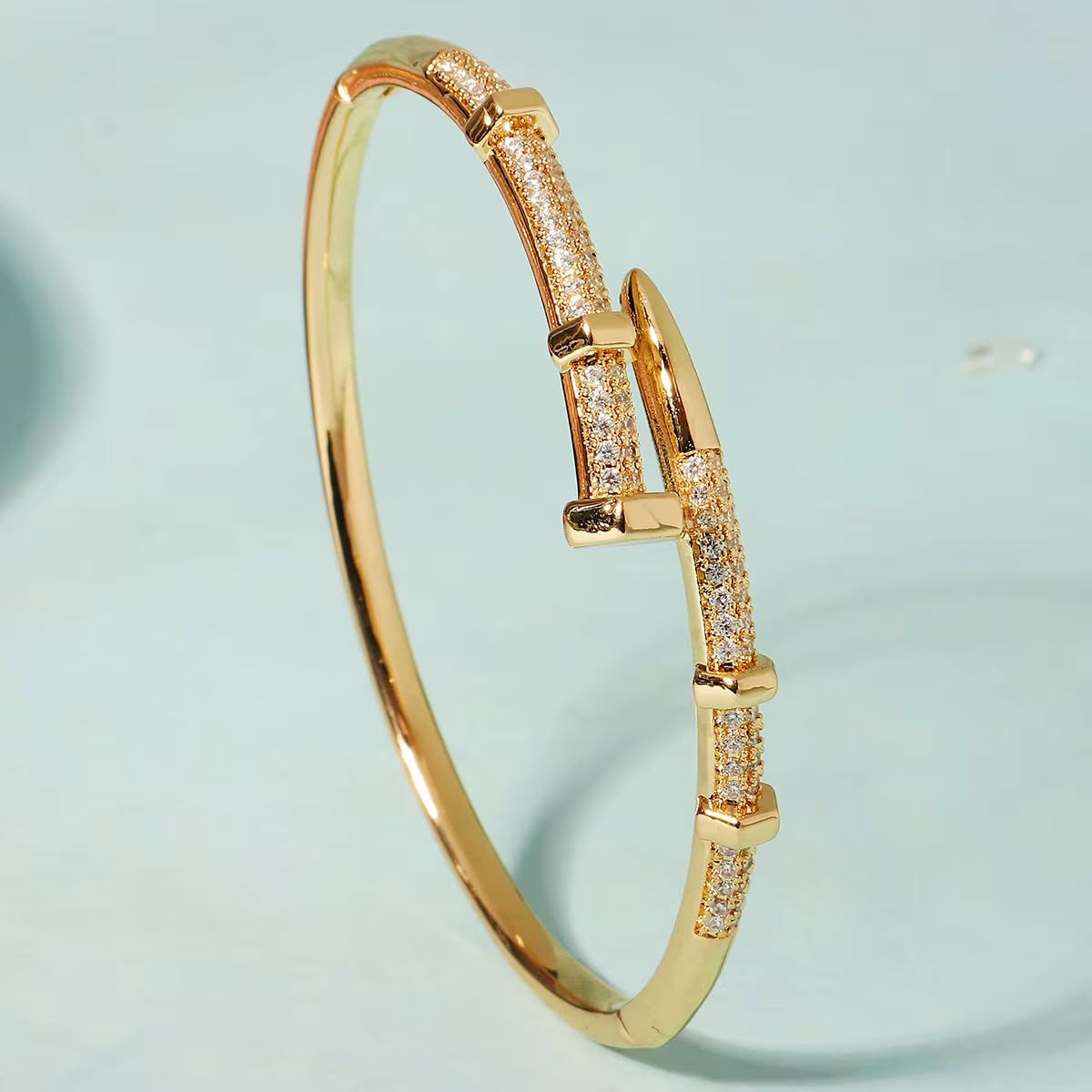 Nail Bangle Bracelet for Women 18K Gold Plated Cubic Zirconia Stones Titanium Steel Bracelet Jewelry Valentines Christmas Gifts (Gold)