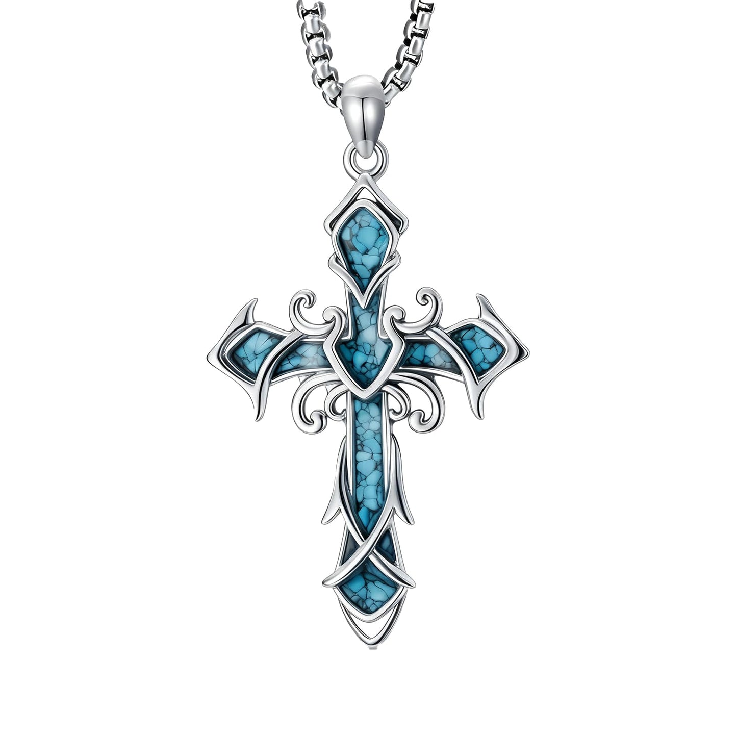 YEESIA Cross Necklace for Men Women, 925 Sterling Silver Cross Pendant Necklace with Turquoise, Christian Jewelry, Gift for Men Women