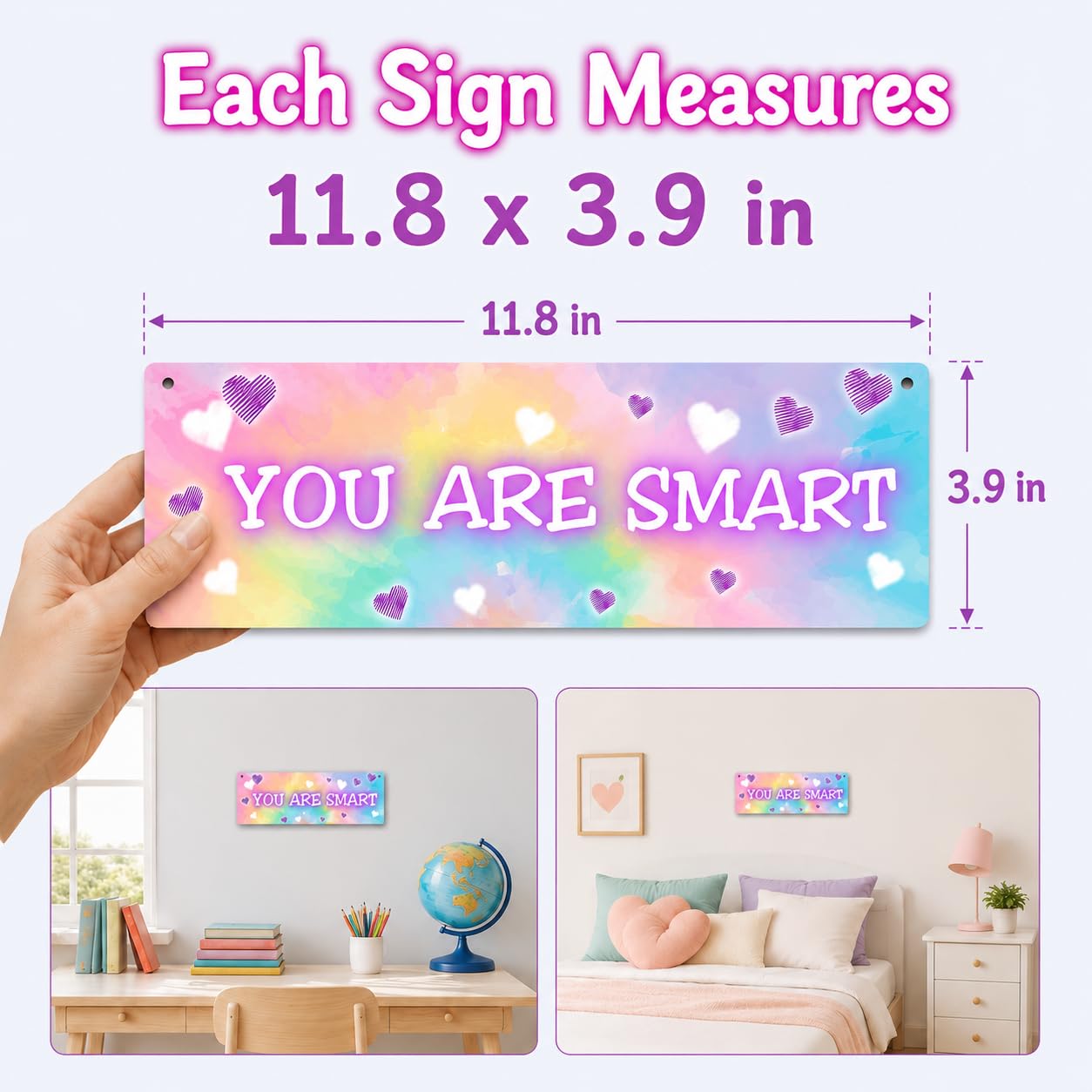 4 Pieces Tie Dye Kids Room Wall Decor Wooden Signs, Motivational Wall Art for Girls Bedroom, Nursery, Playroom, Classroom Decor, You Are Loved Brave Kind Smart(Sign-04)