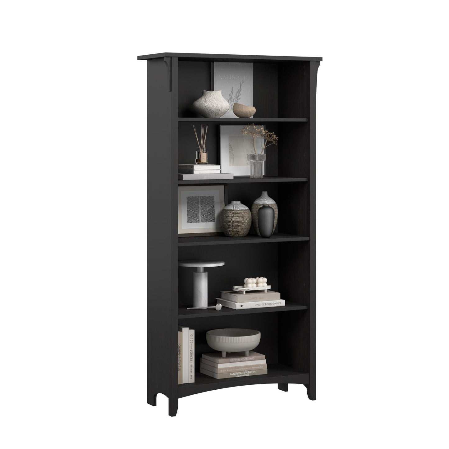 Bush Home Salinas 5 Shelf Bookcase in Vintage Black, Tall Bookshelf, Large Book Shelf for Living Room, Home Office, or Entryway