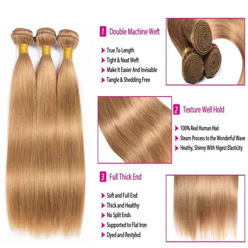Giginger Brazilian Human Hair Bundles 24 26 28 Inch Honey Brown 27 Color Straight Bundles Human Hair Straight Unprocessed Virgin Quick Weave Hair for Black Women