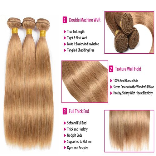 Giginger Brazilian Human Hair Bundles 16 18 20 Inch Honey Brown 27 Color Straight Bundles Human Hair Straight Unprocessed Virgin Quick Weave Hair for Black Women