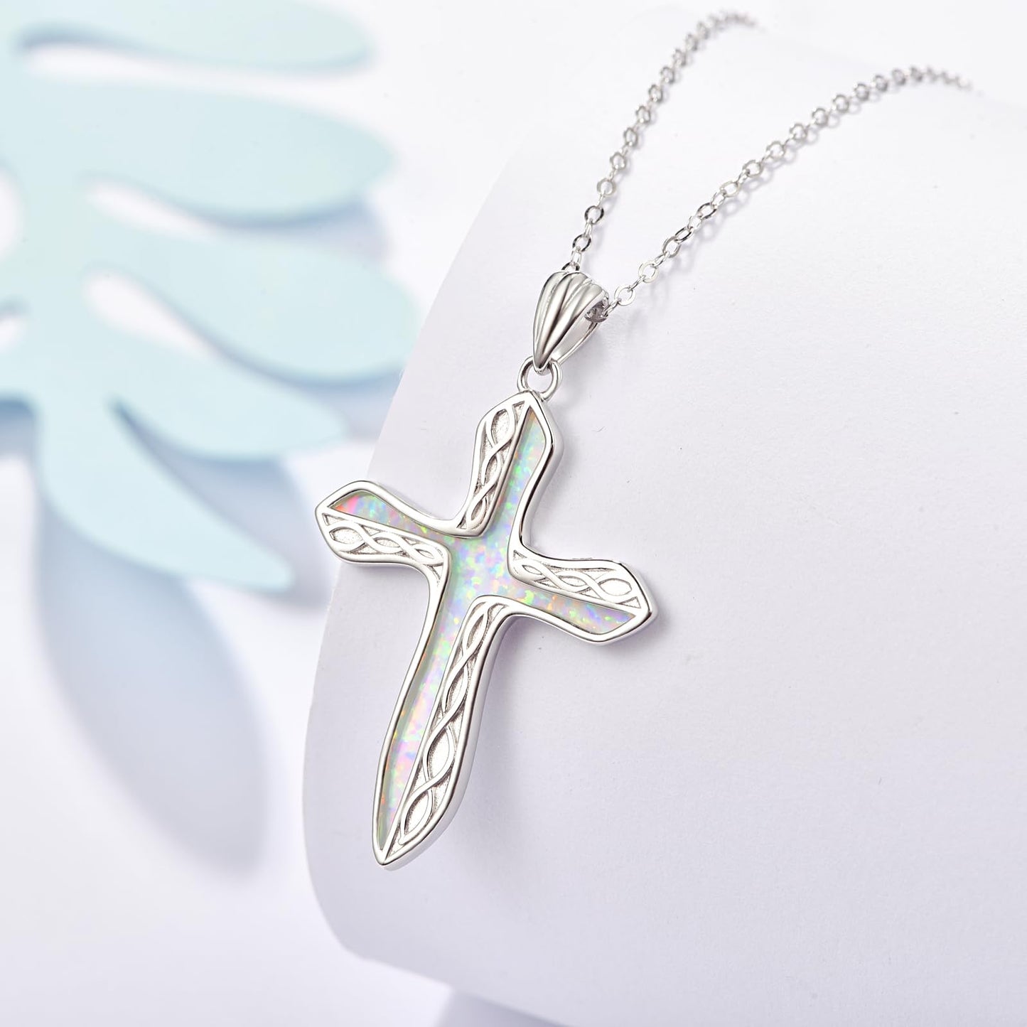 Dreamboat Sterling Silver Cross Necklace for Womens Cross Pendant Faith Christian Jewelry White Opal Celtic Necklace Confirmation Religious Gifts for Mom
