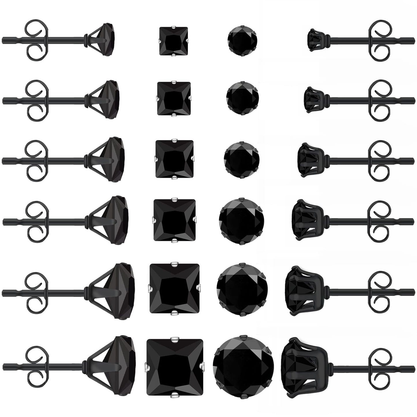 Black Earrings for Men: LUCKYPADS Cubic Zirconia Earrings Studs 12 Pairs Black Diamond Stud Earrings Small Stud Earrings for Women Hypoallergenic Earrings Multipack for Boys