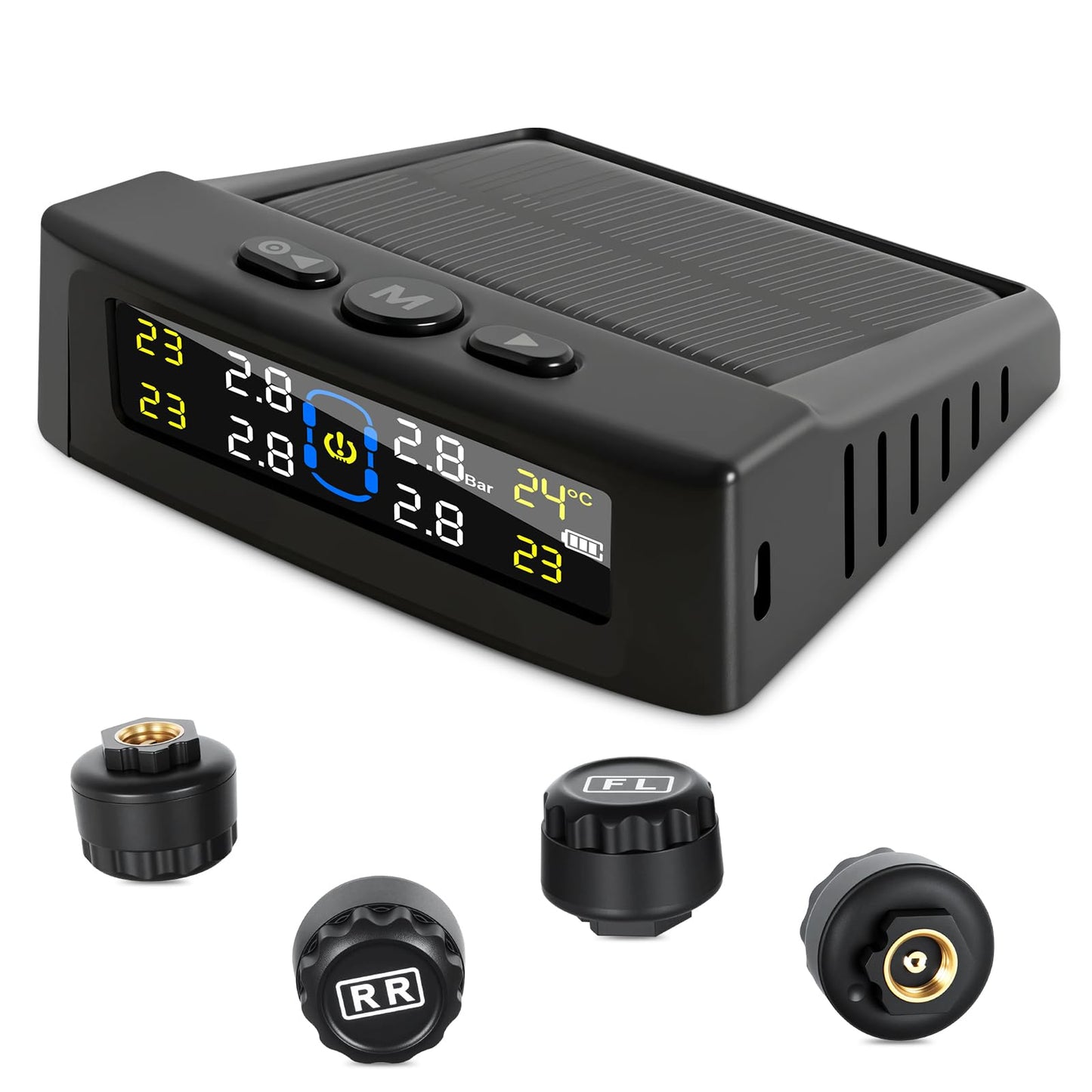 Tire Pressure Monitoring System,RV Tire Pressure Monitor System with Solar Charge or USB, Tire Monitoring System with 4 Sensors & 6 Alarm Modes Real-Time Display for SUV Mpv Rv Tpms Sensors Set of 4