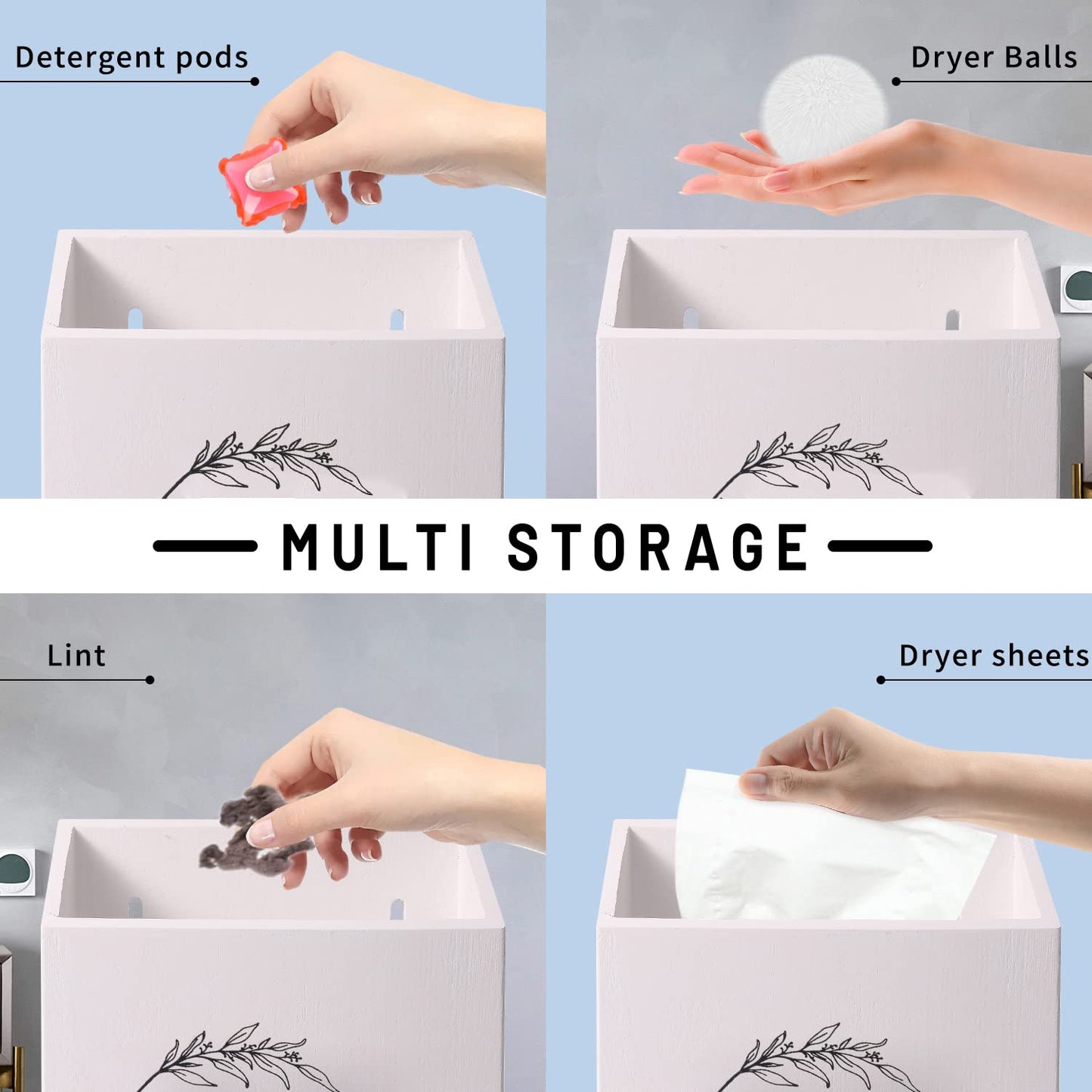 Magnetic Lint Bin and Dryer Sheet Holder Set for Laundry Room, Farmhouse Wooden Lint Trash Can with Lid and Dryer Sheet Dispenser Box Magnetic for Mounting on Dryer,Stylish Laundry Room Organiz(White)