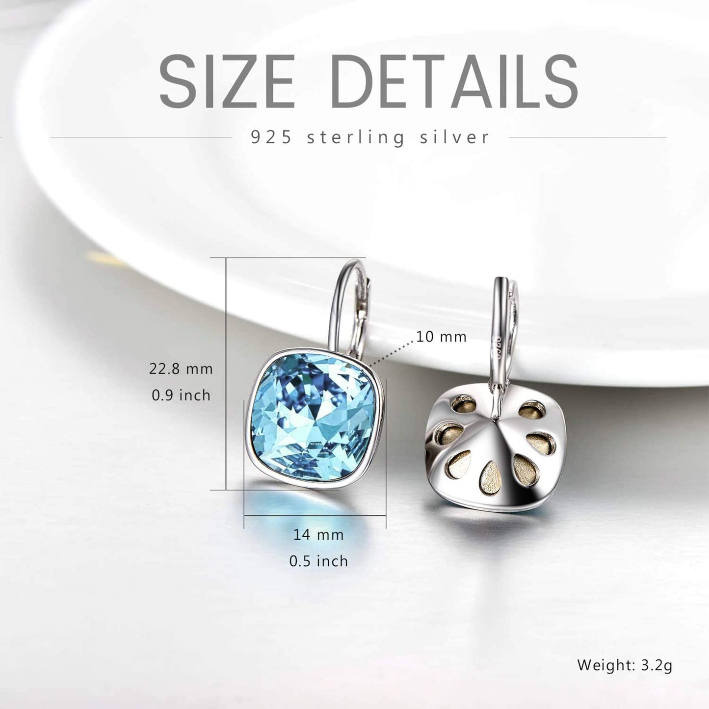 AOBOCO Sterling Silver Leverback Earrings Embellished with Crystals from Austria, Hypoallergenic Cushion Cut Square Crystal Earrings, Fine Anniversary Birthday Jewelry Gifts for Women (Simulated Aquamarine)