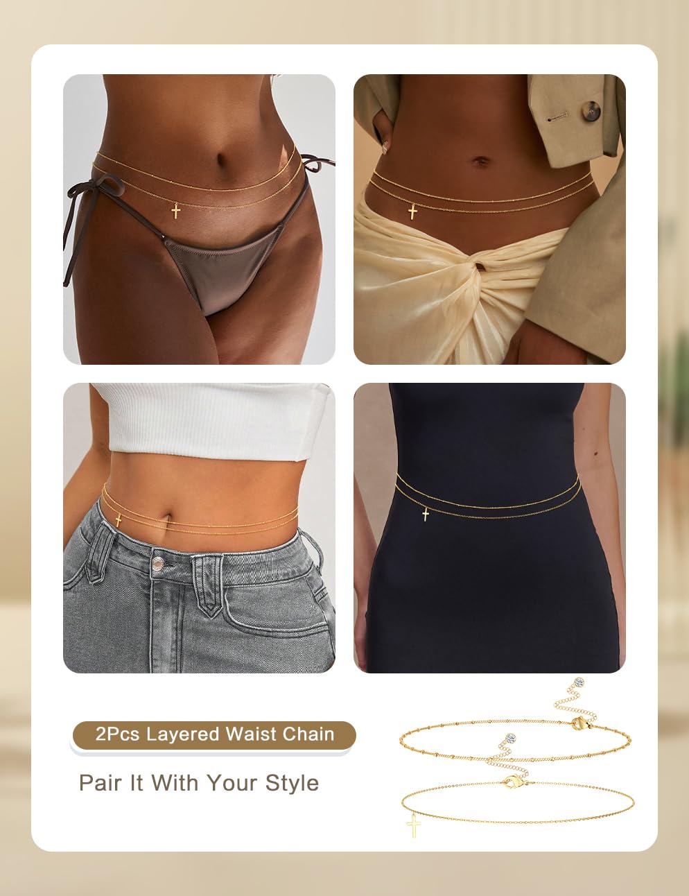 HABIKIP 14K Gold Plated Waist Beads Chain for Women, Dainty Layered Gold Plated Belly Cross Pendant Chain Belt Bikini Beach Waist Chain Adjustable Waterproof Body Chain Jewelry Accessories for Women